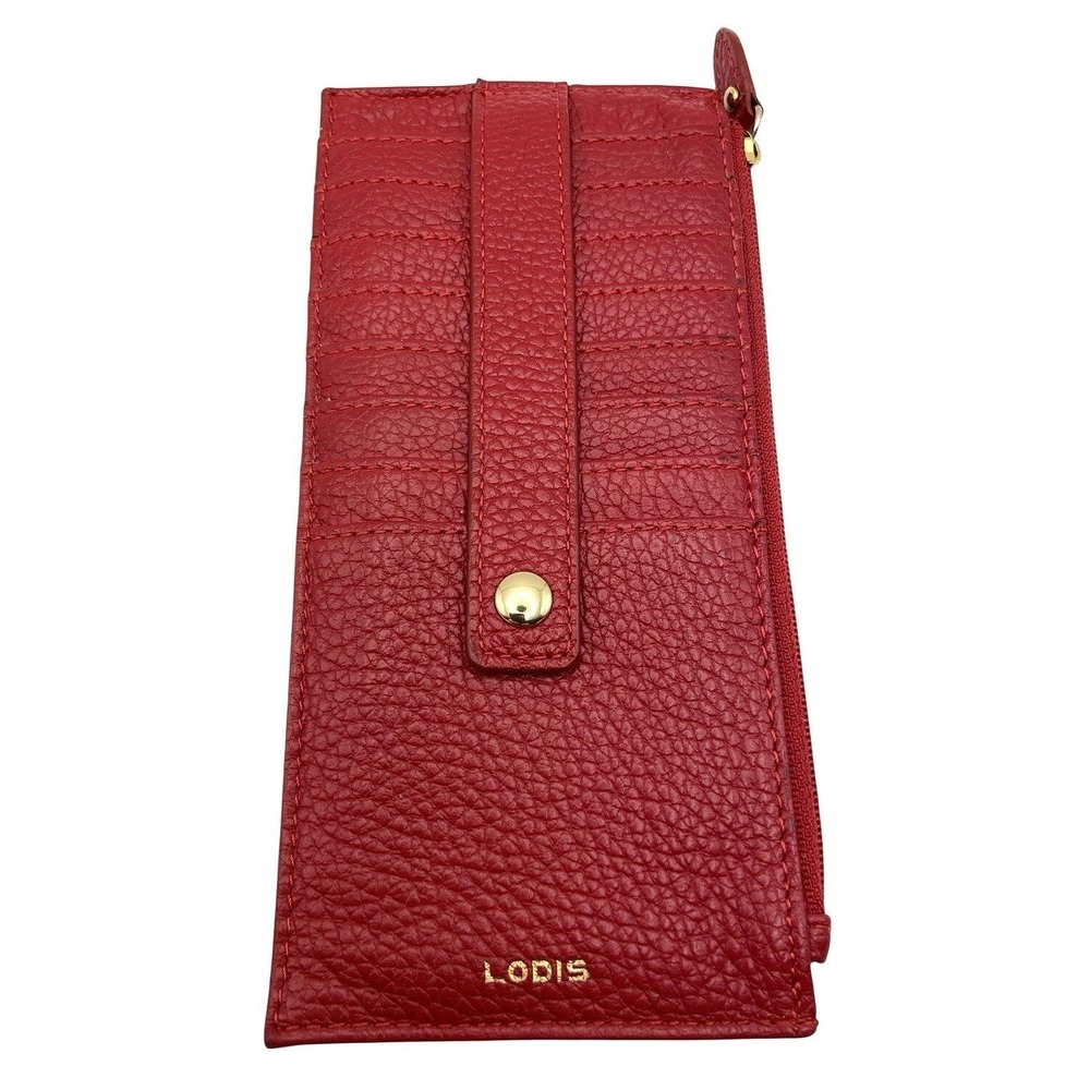 Lodis Slim Leather Zip Card Case Wallet Red Pebbled Snap Closure